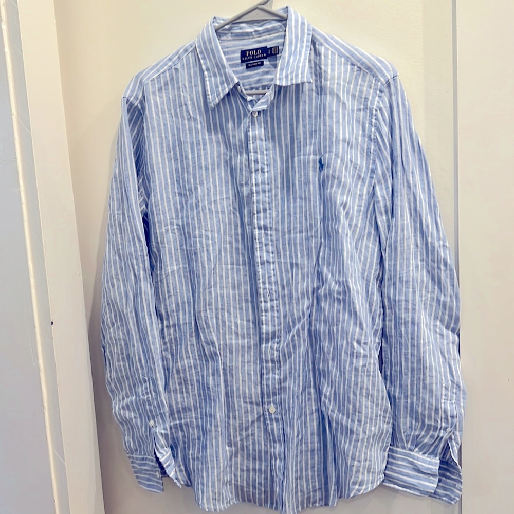 Polo Ralph Lauren blue and white stripped linen button down